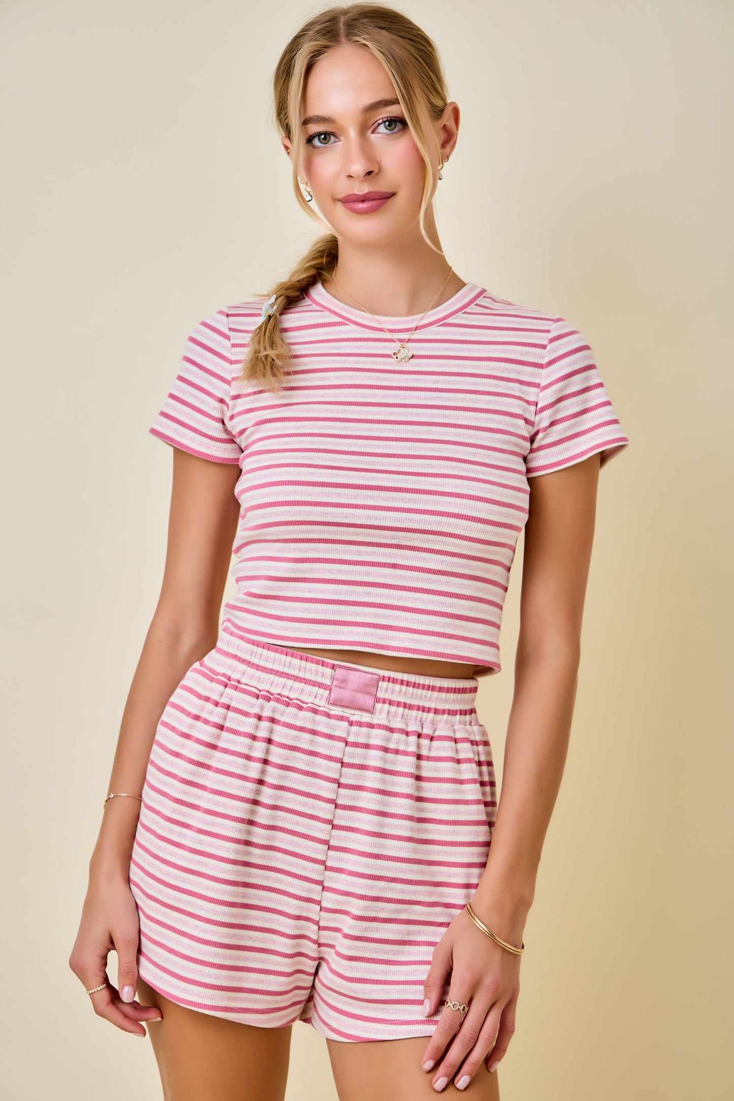 Nicole Striped Ribbed Tee- Pink/Rose
