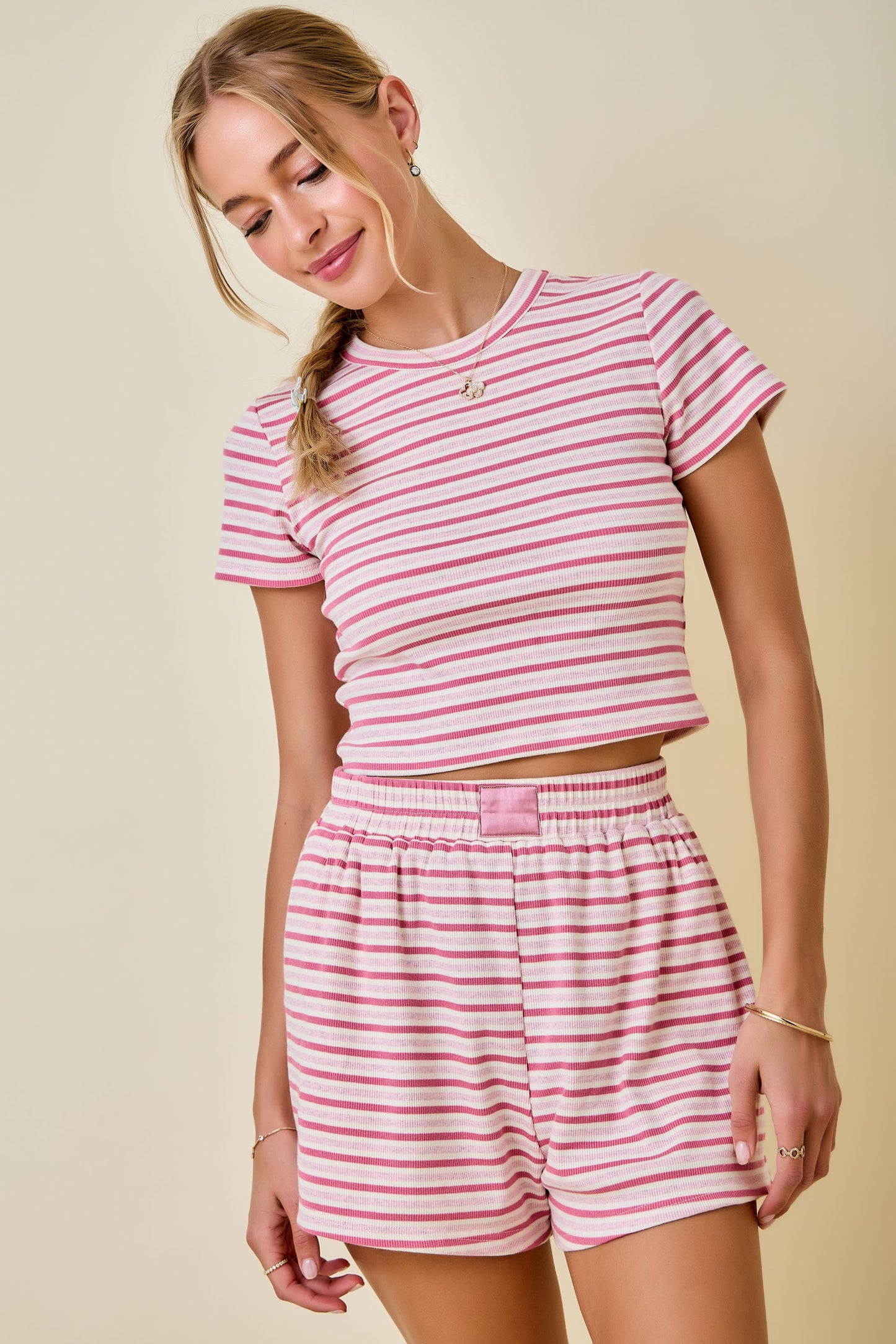 Nicole Striped Ribbed Tee- Pink/Rose