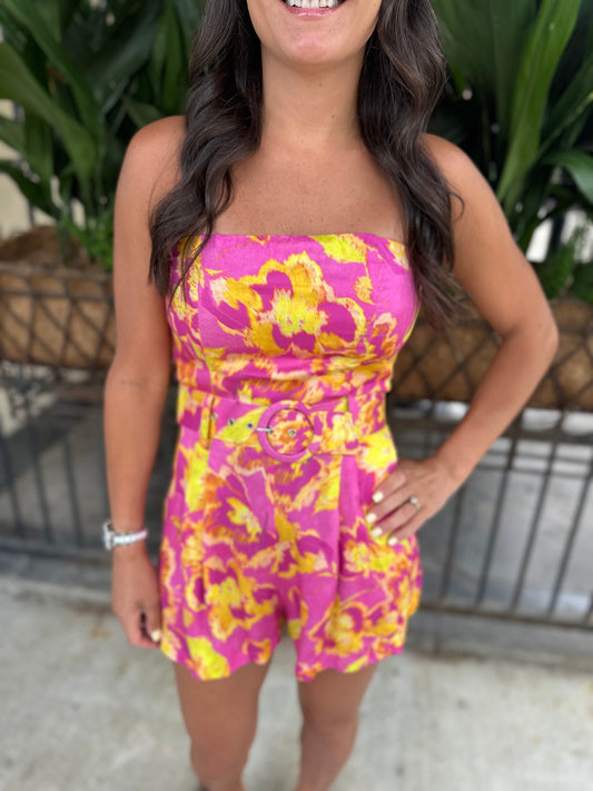 Alexis Belted Romper- Pink Yellow