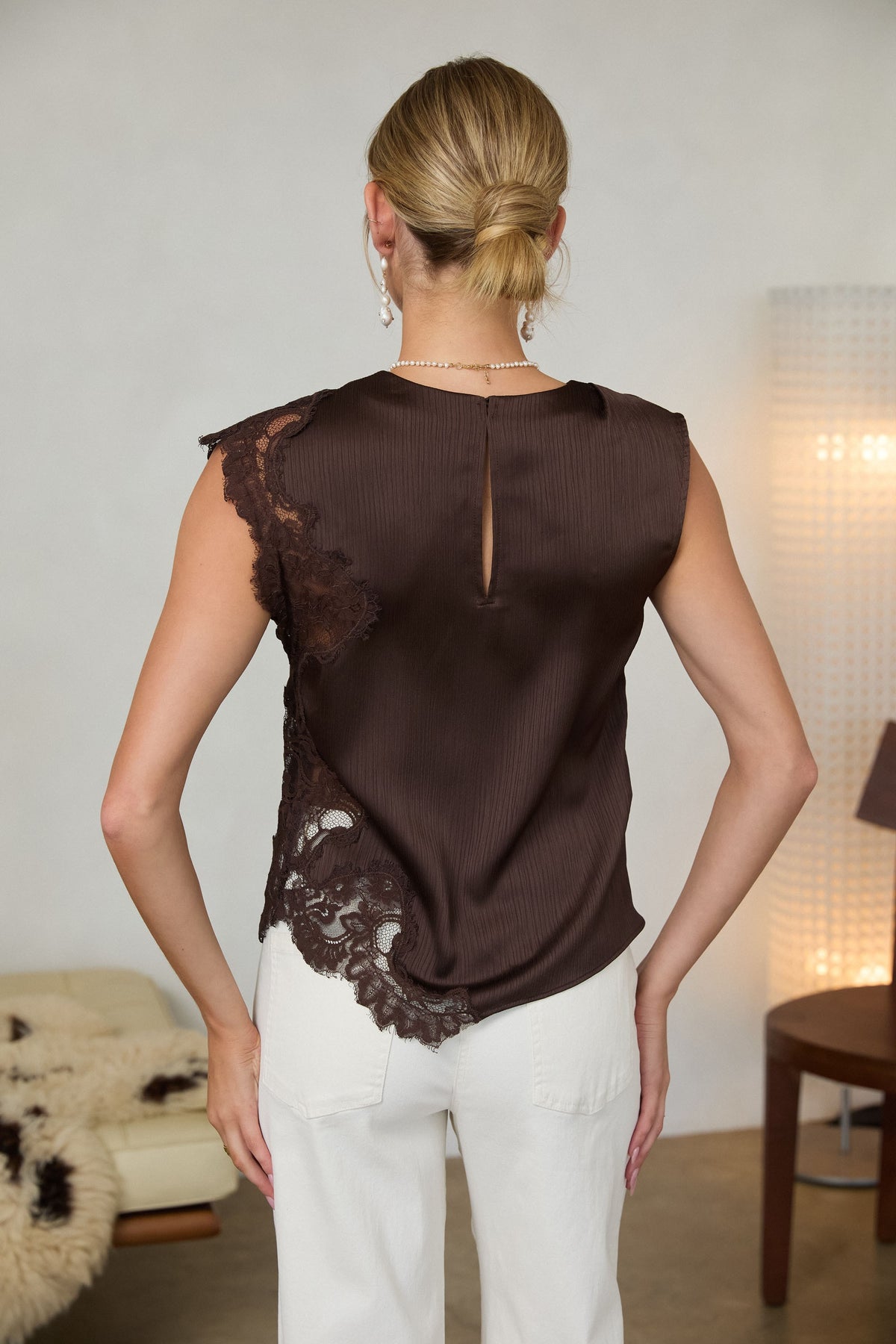 Meaux Mixed Lace Top- Brown
