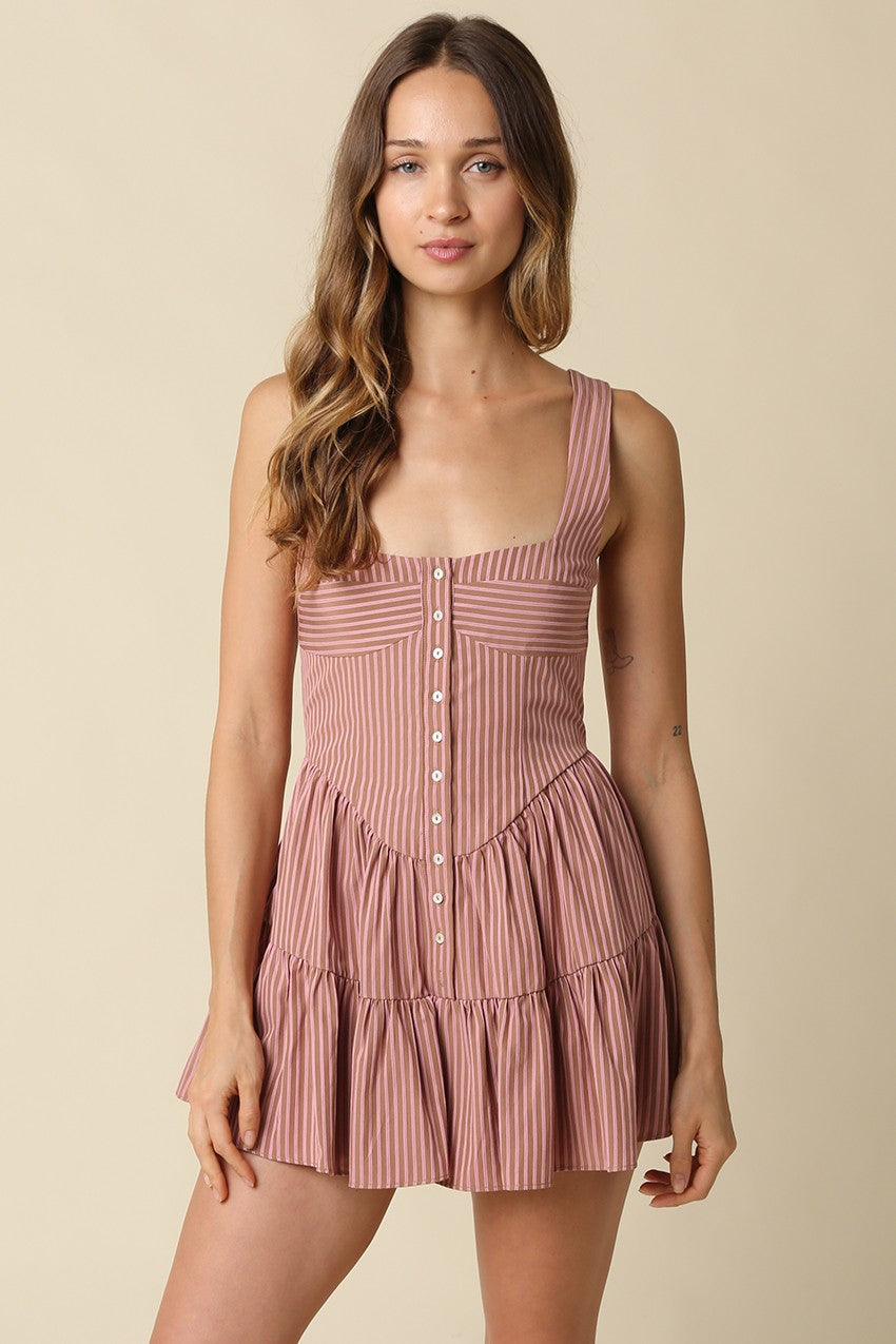 Tina Striped Romper-  Brown/Pink