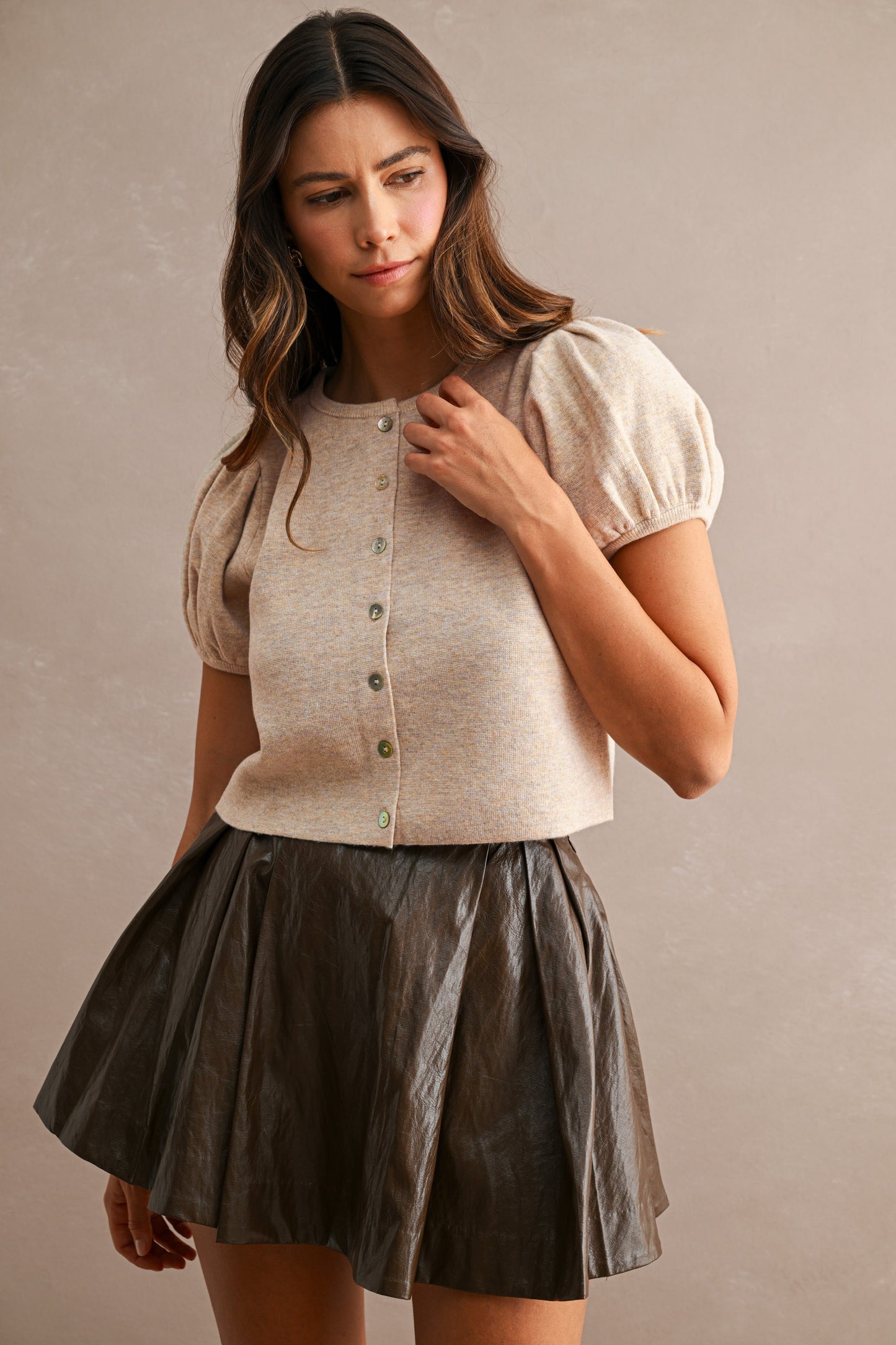 Pepita Puff Sleeve Cardigan-Lt. Mocha