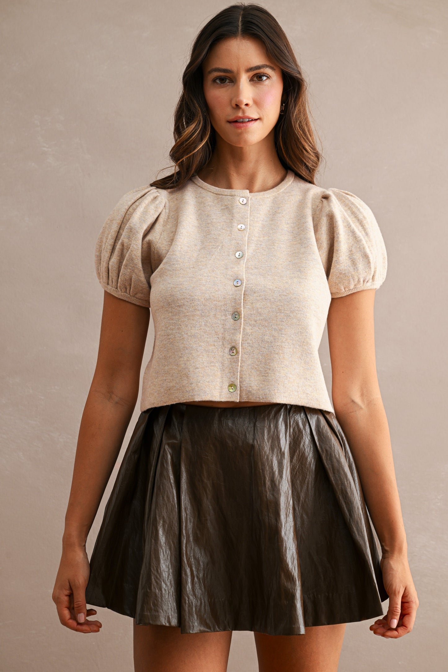 Pepita Puff Sleeve Cardigan-Lt. Mocha