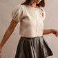 Pepita Puff Sleeve Cardigan-Lt. Mocha