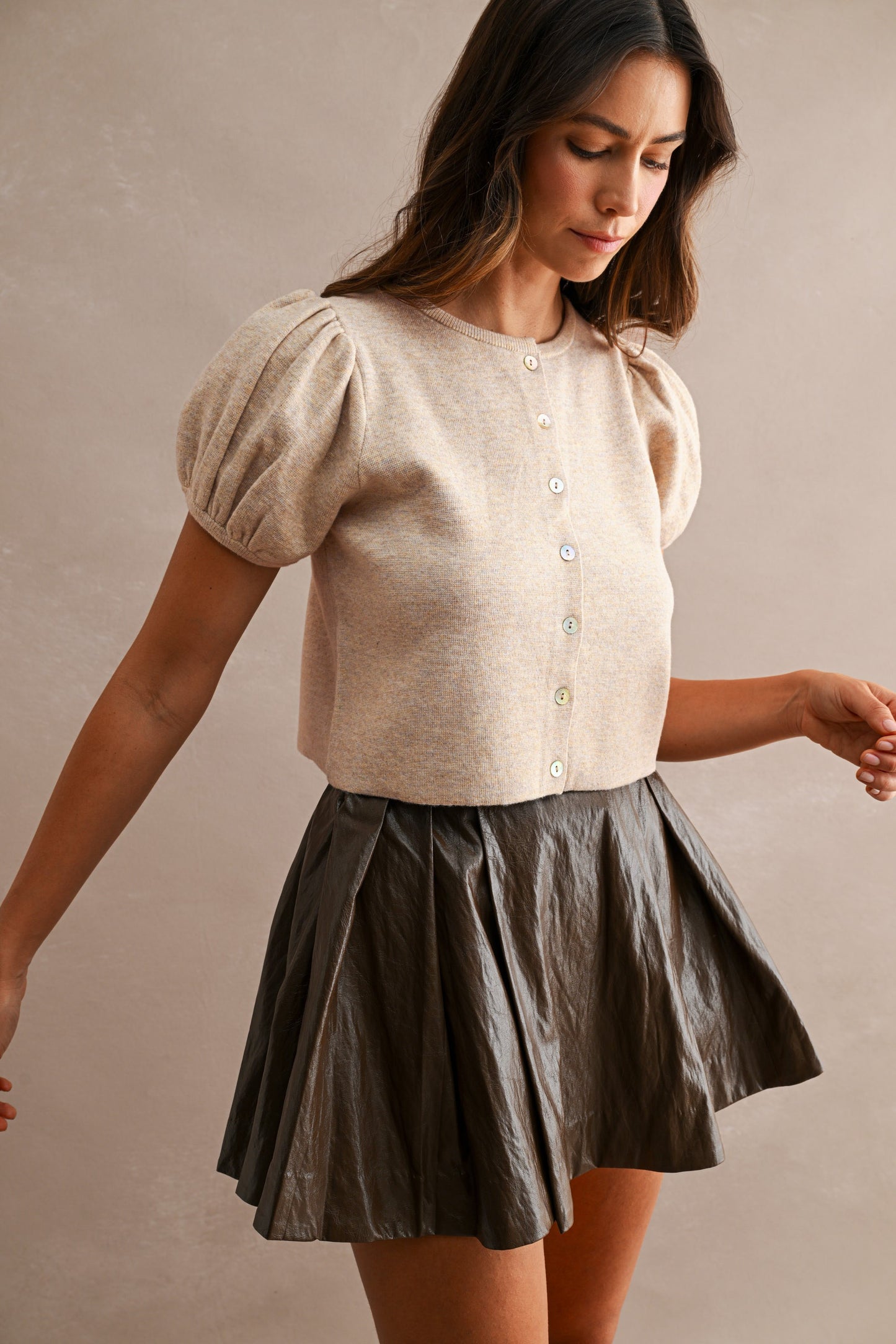 Pepita Puff Sleeve Cardigan-Lt. Mocha