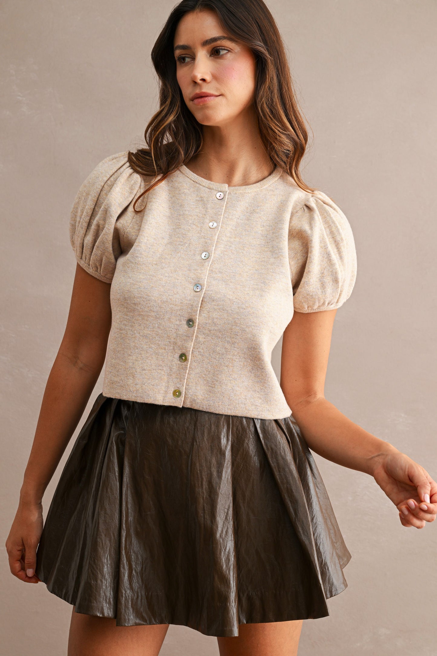 Pepita Puff Sleeve Cardigan-Lt. Mocha