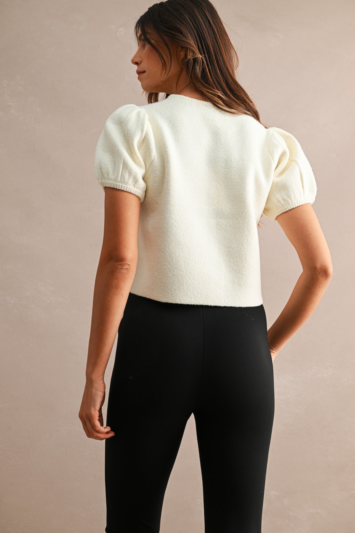 Pepita Puff Sleeve Cardigan-Cream