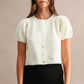 Pepita Puff Sleeve Cardigan-Cream