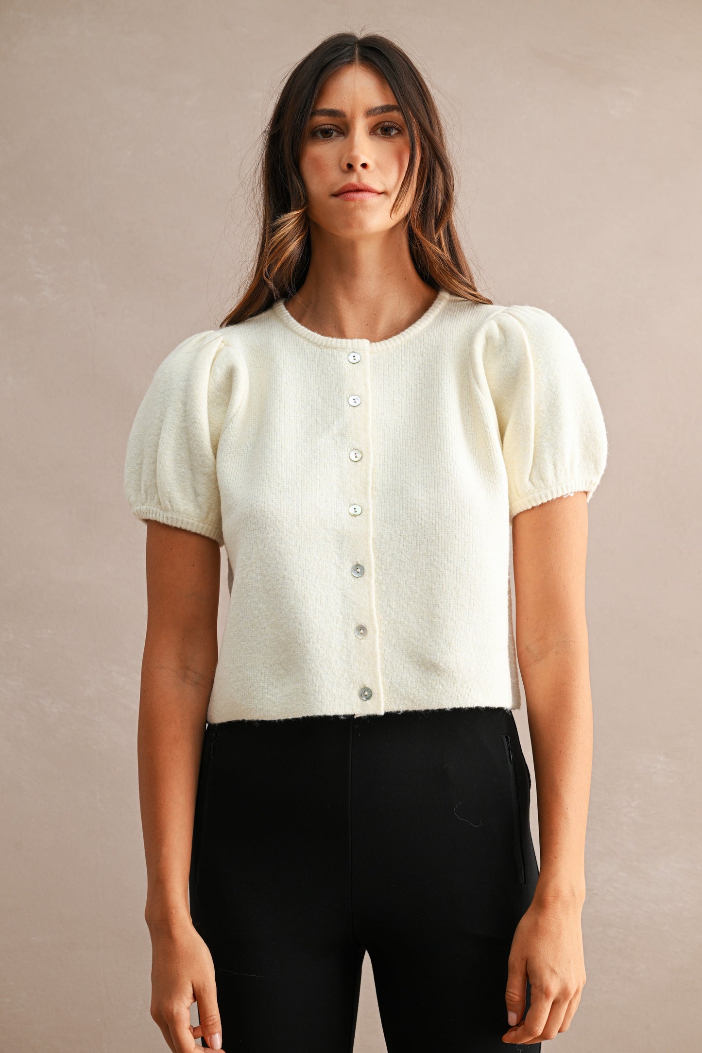 Pepita Puff Sleeve Cardigan-Cream