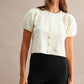 Pepita Puff Sleeve Cardigan-Cream