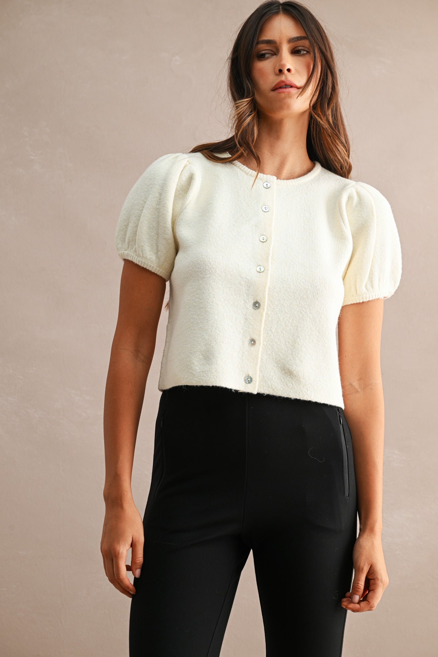Pepita Puff Sleeve Cardigan-Cream