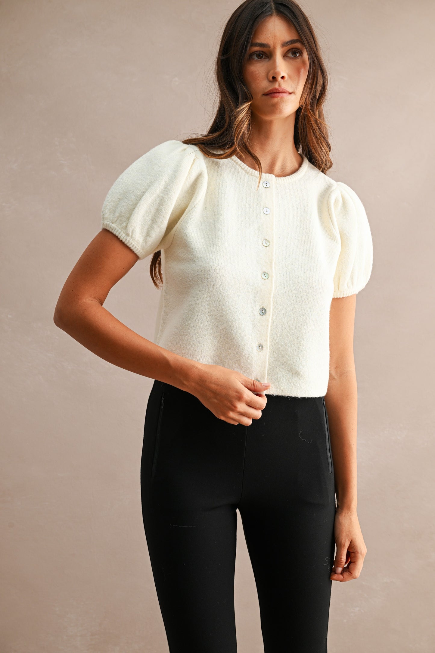 Pepita Puff Sleeve Cardigan-Cream