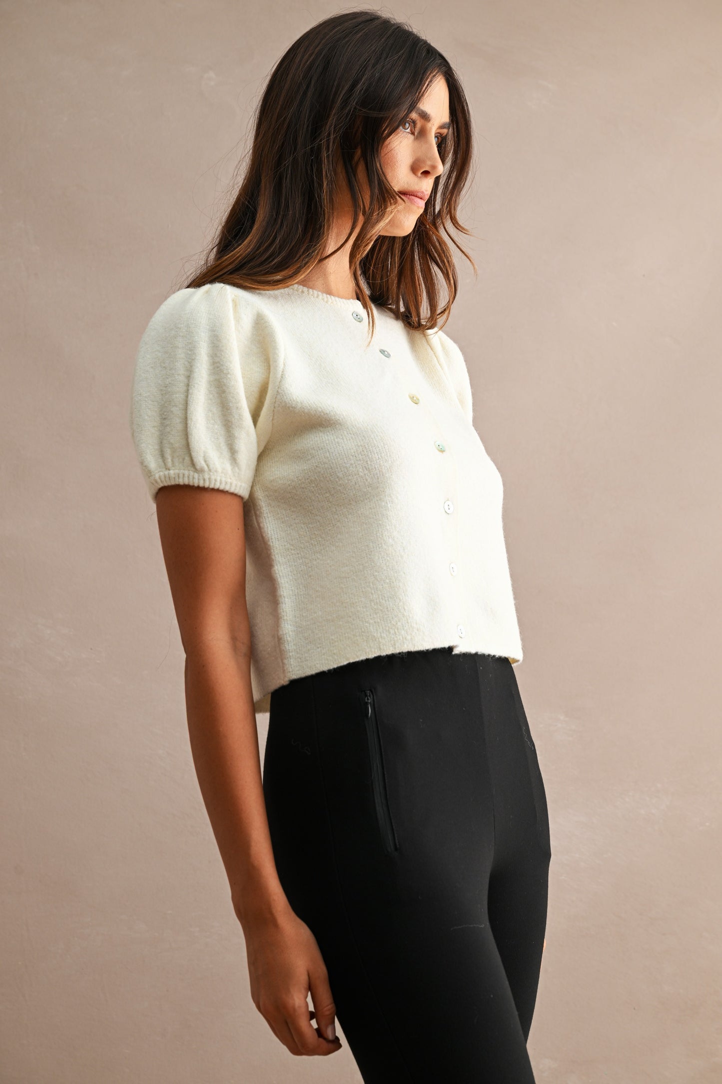Pepita Puff Sleeve Cardigan-Cream