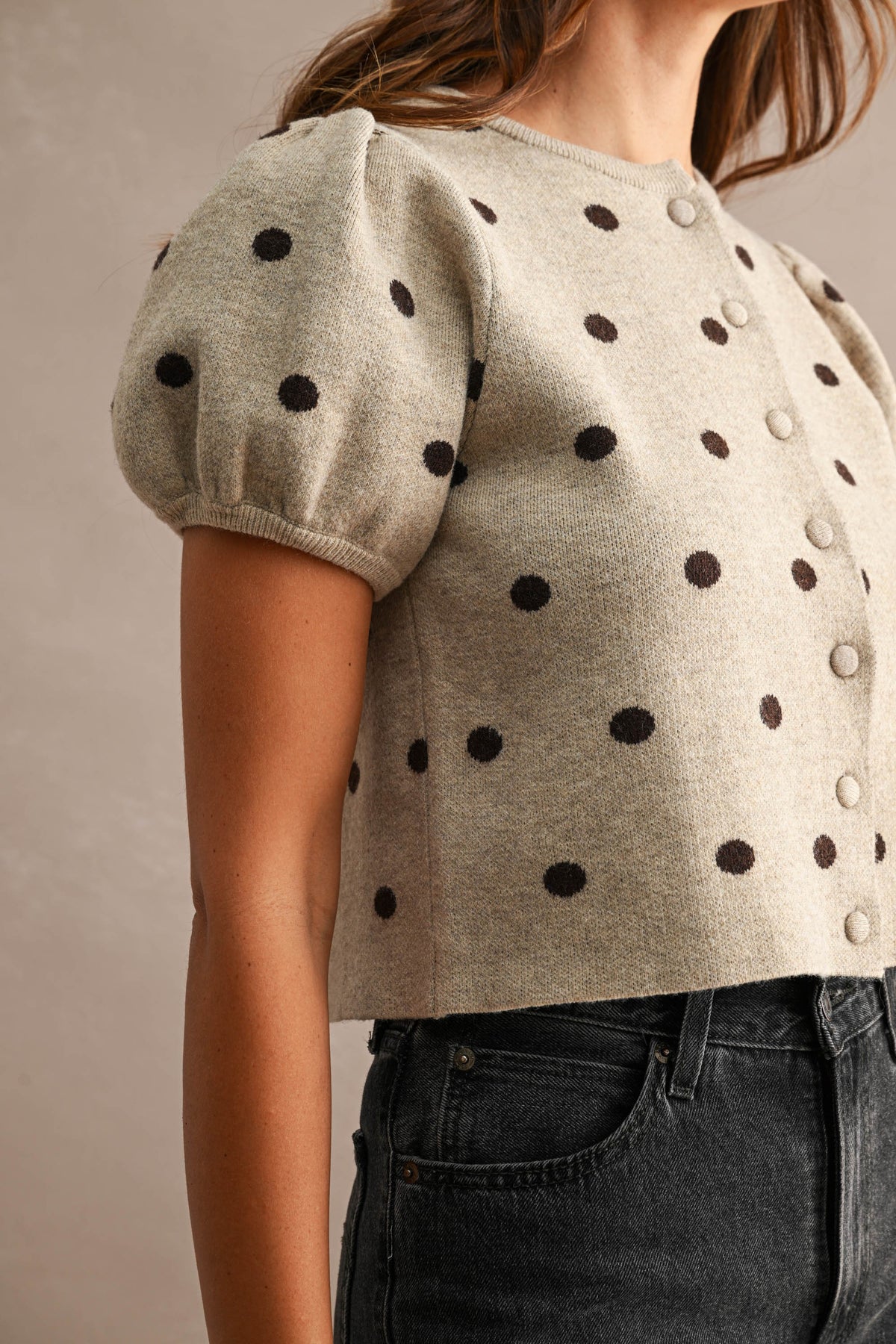 Pepita Puff Sleeve Cardigan- Taupe