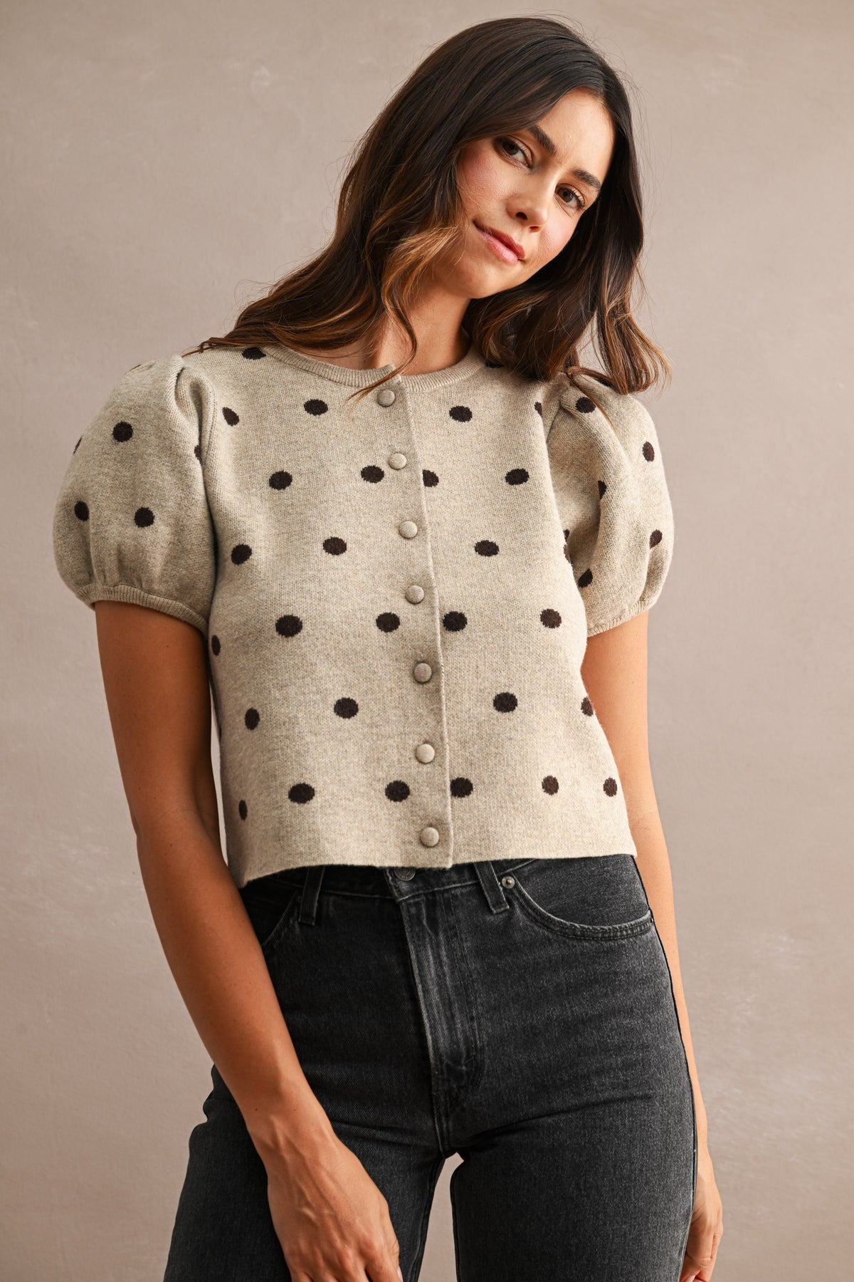 Pepita Puff Sleeve Cardigan- Taupe