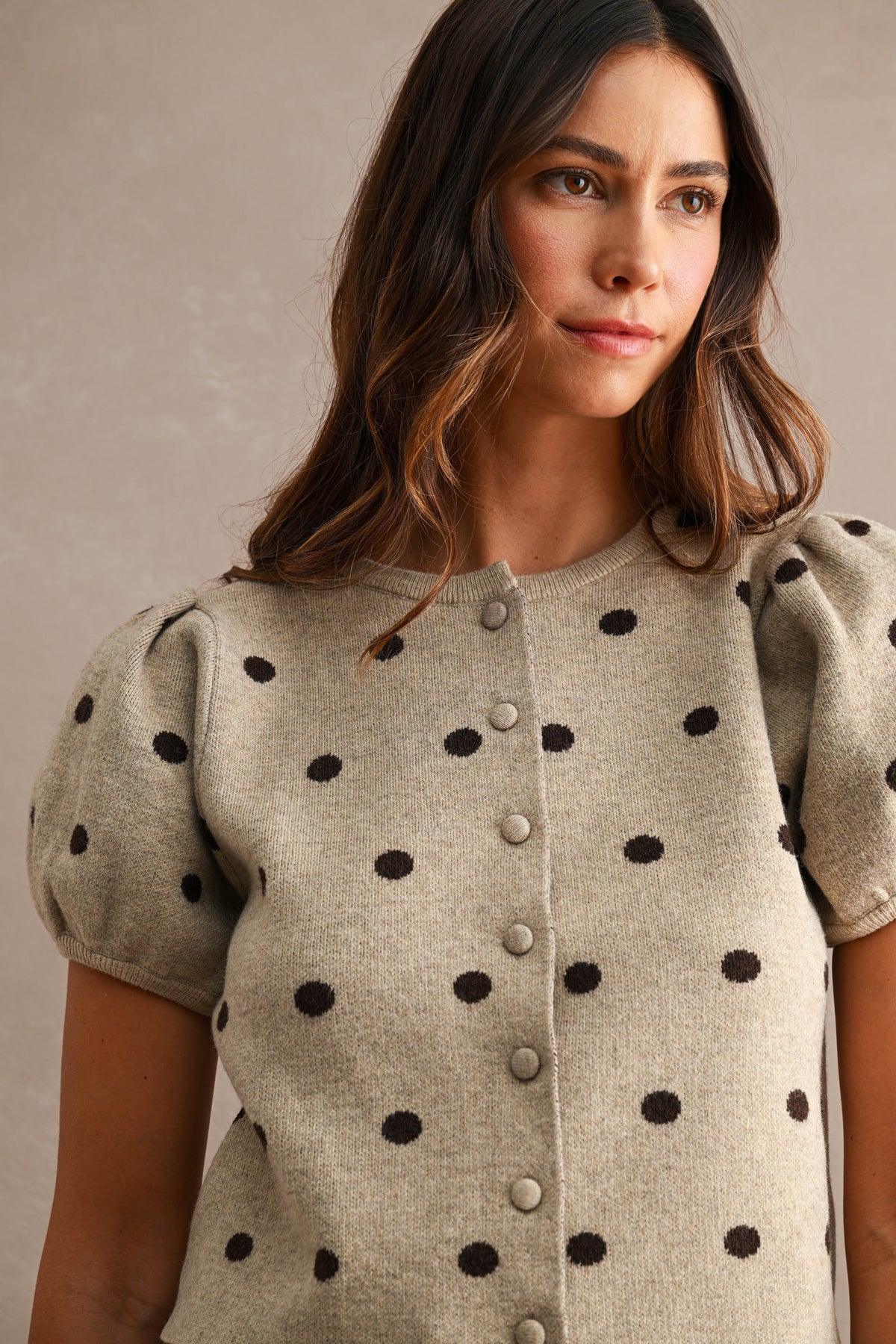 Pepita Puff Sleeve Cardigan- Taupe