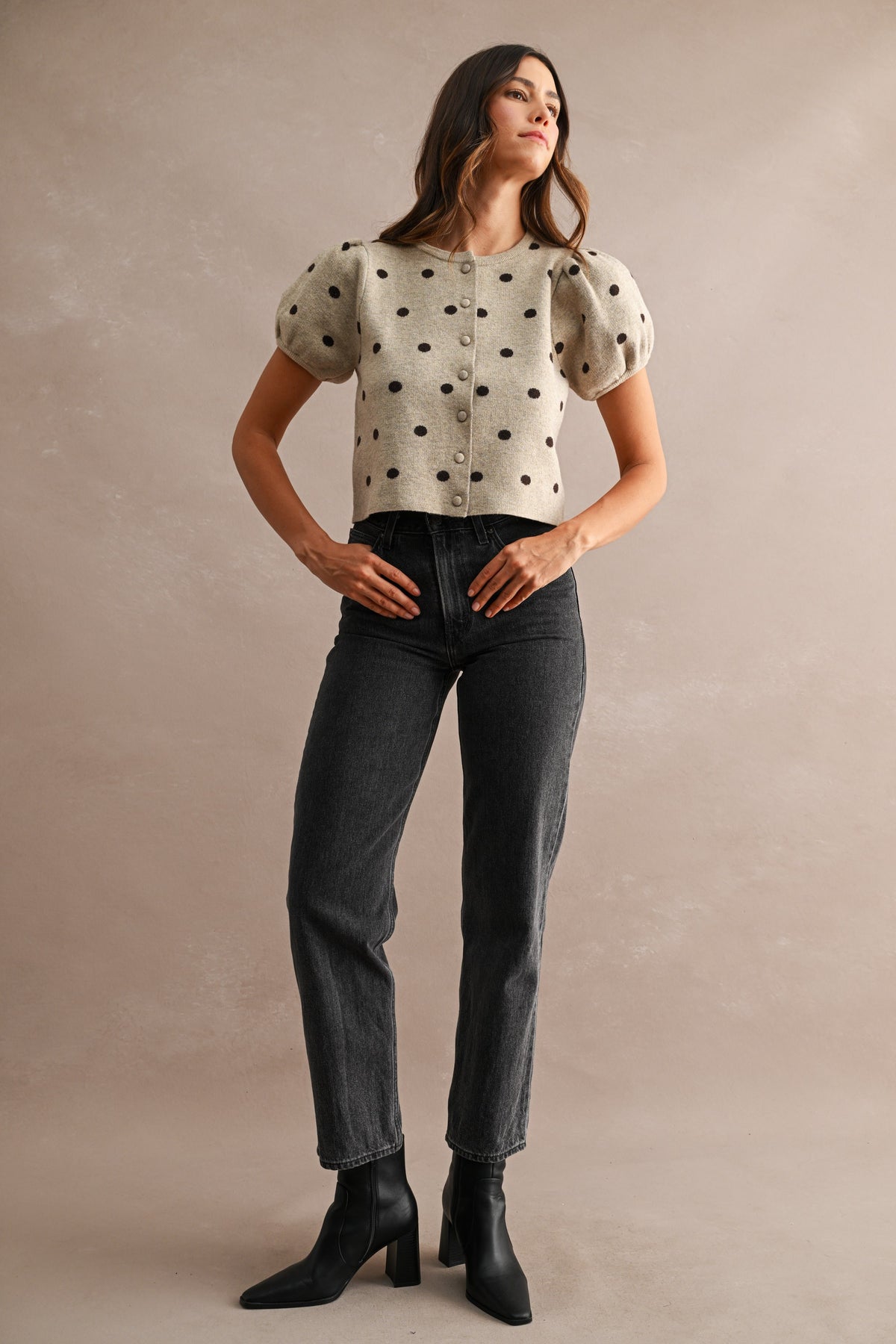 Pepita Puff Sleeve Cardigan- Taupe