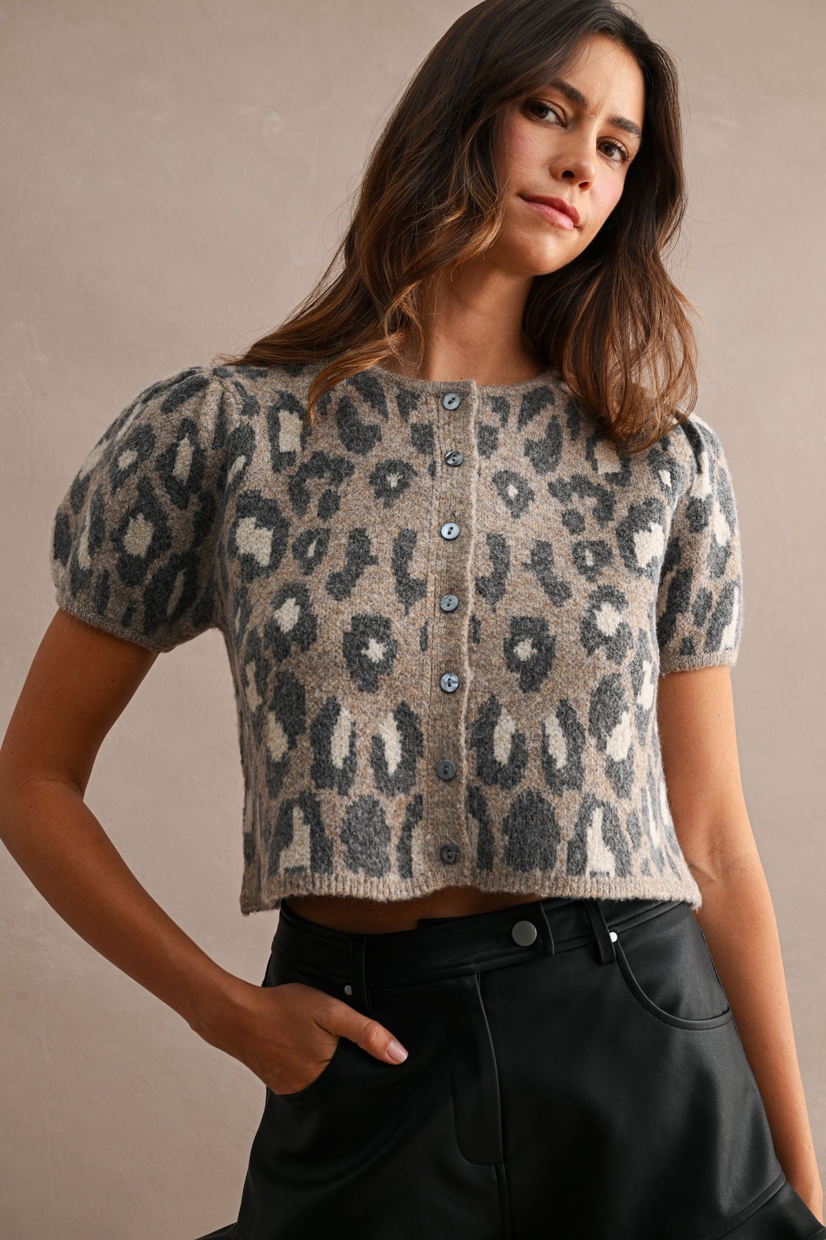Pepita Puff Sleeve Cardigan-Leopard