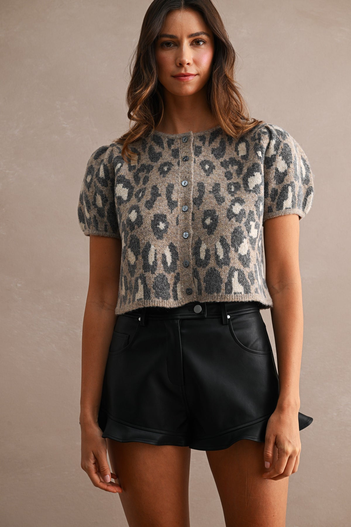 Pepita Puff Sleeve Cardigan-Leopard