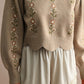 Floral Embroidered Scallop Detail Knit Top- Mocha