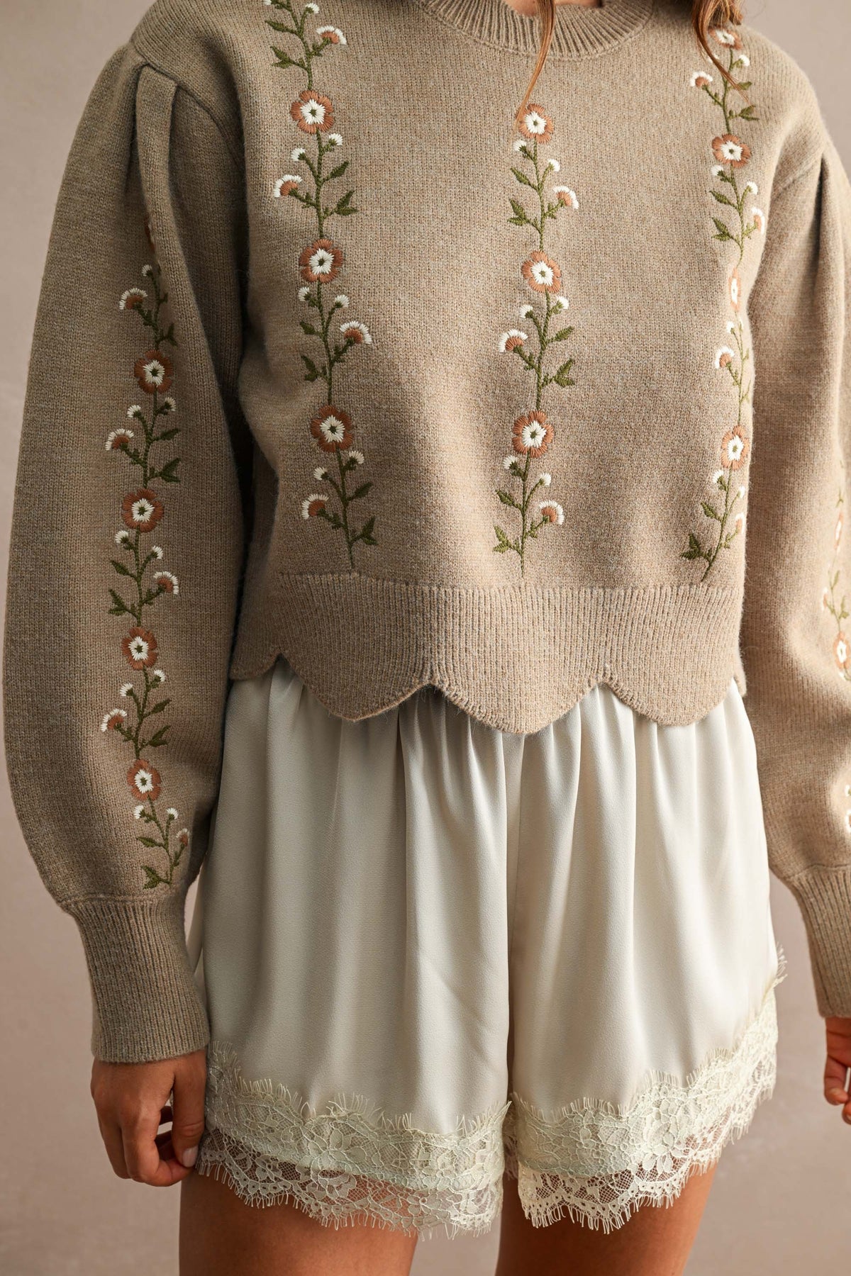 Floral Embroidered Scallop Detail Knit Top- Mocha