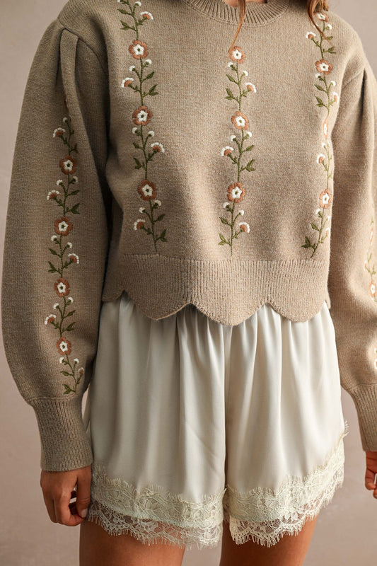 Floral Embroidered Scallop Detail Knit Top- Mocha
