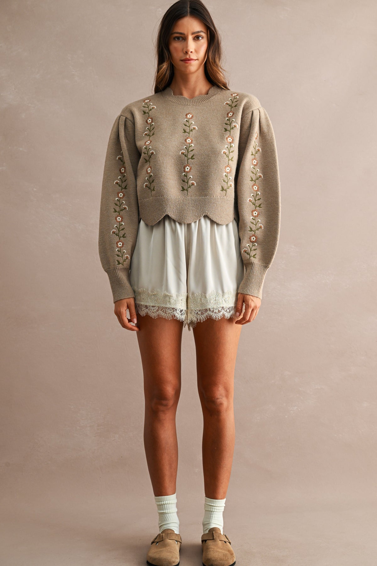 Floral Embroidered Scallop Detail Knit Top- Mocha