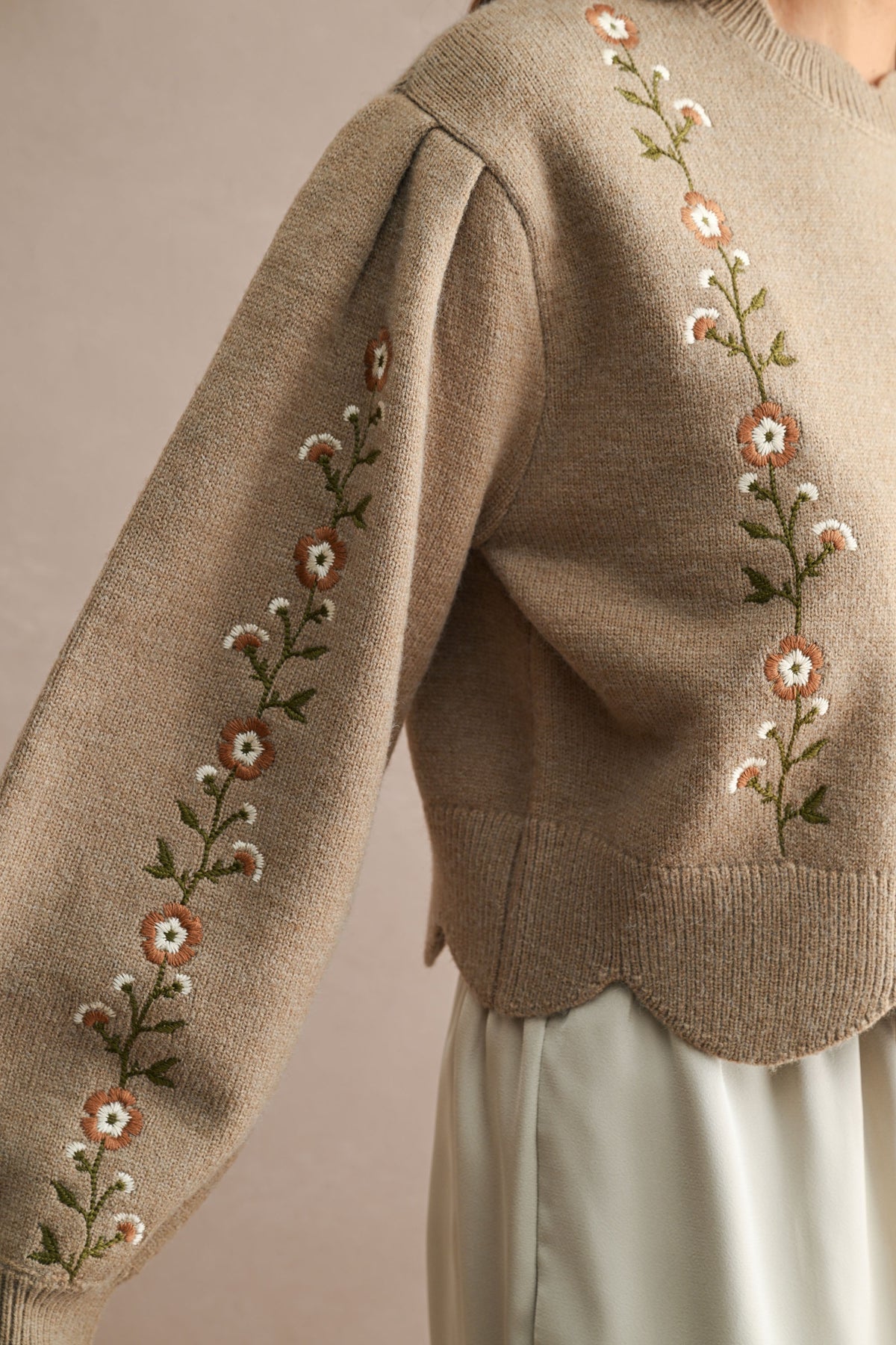 Floral Embroidered Scallop Detail Knit Top- Mocha