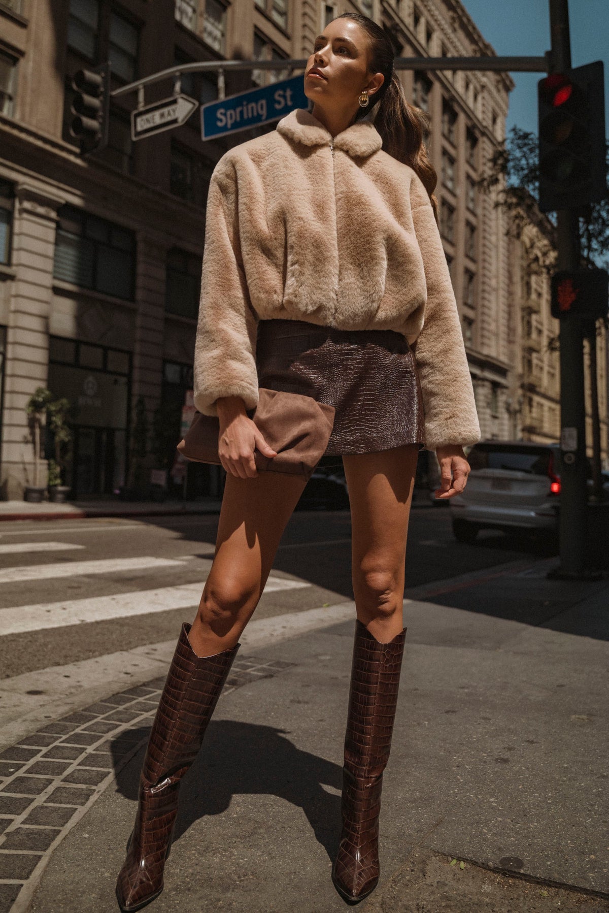 Crocodile Faux Leather Mini Skort- Brown
