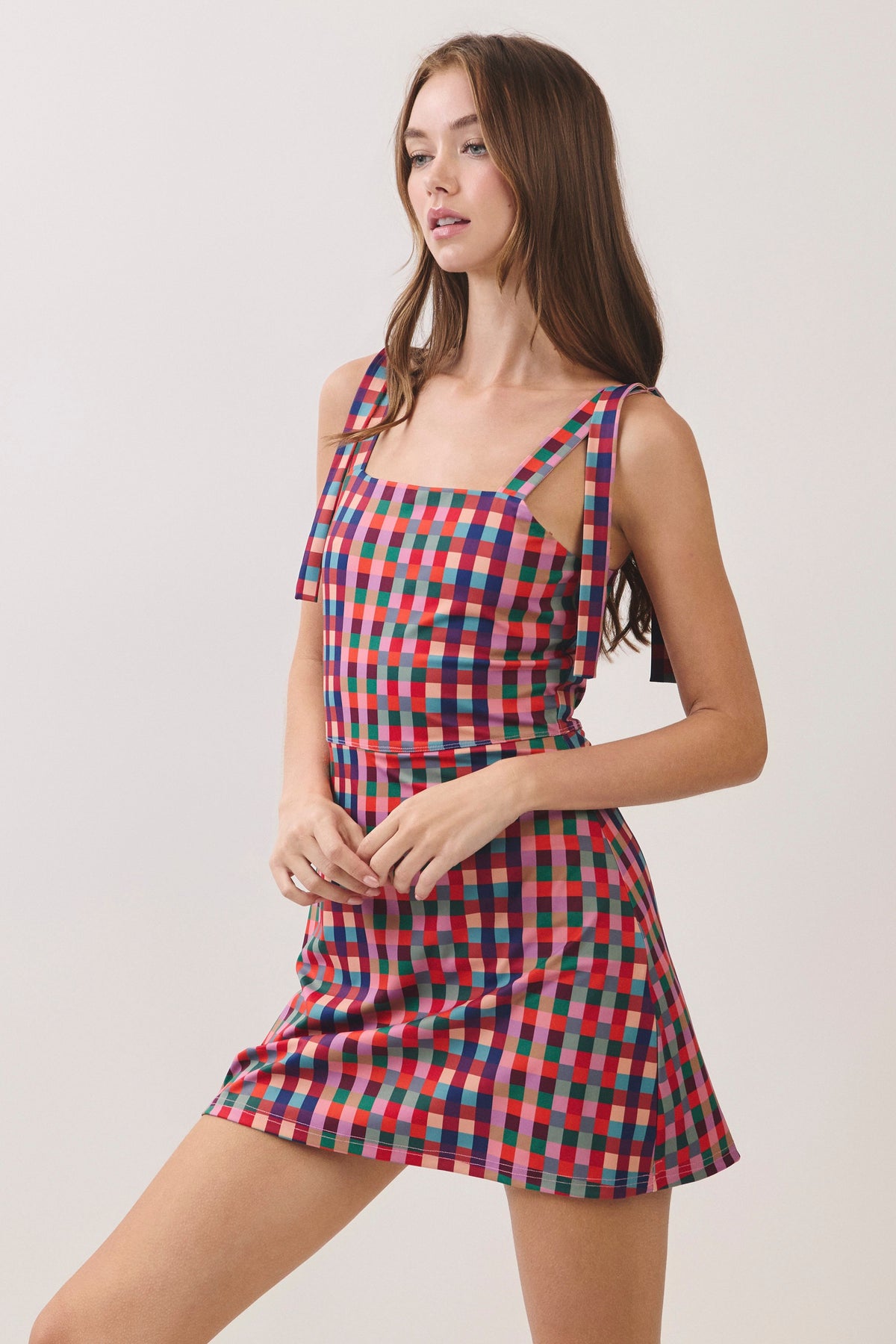 Multi Check Strap Mini Dress- Multi