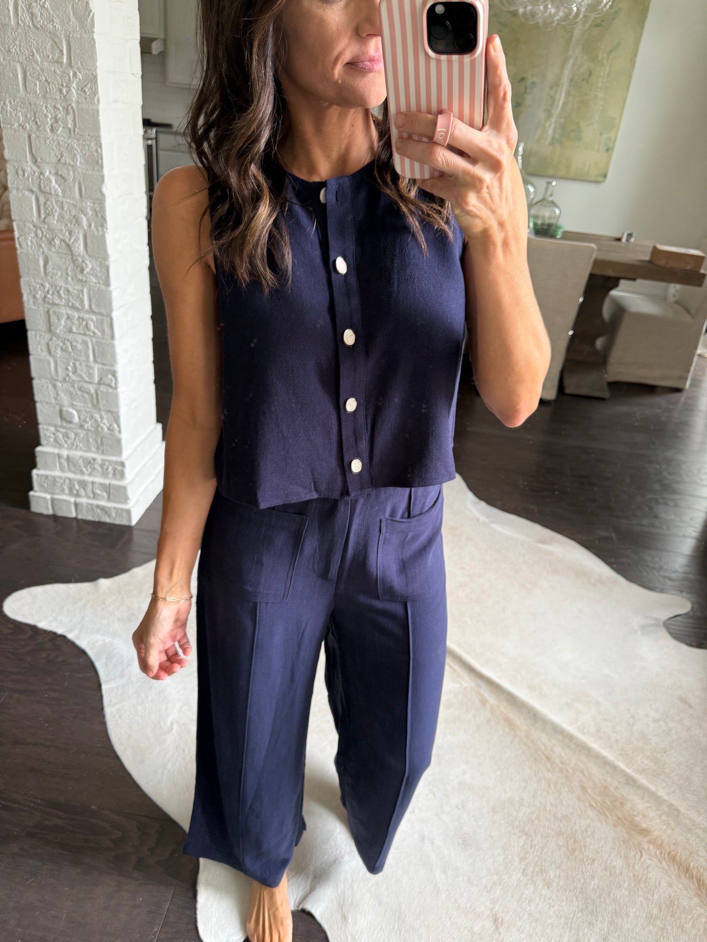 Front Pocket Linen Pants- Navy