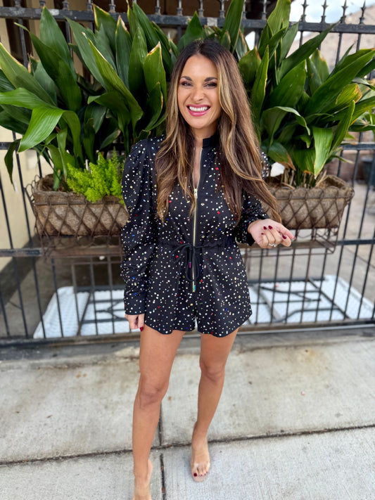 Scattered Rhinestone Romper- Black
