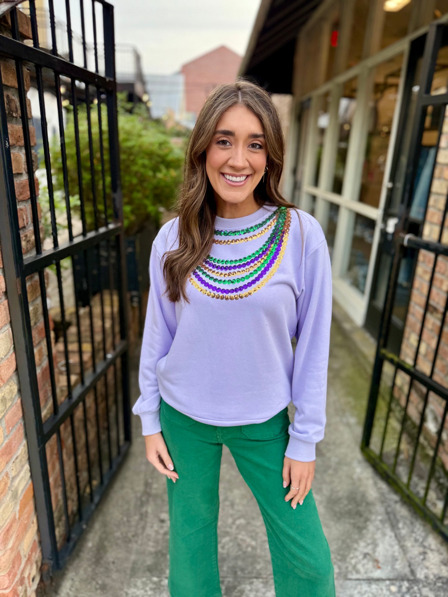 Mardi Gras Bead Sweatshirt- Lavender
