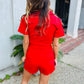 Eddie Belted Denim Romper- Red