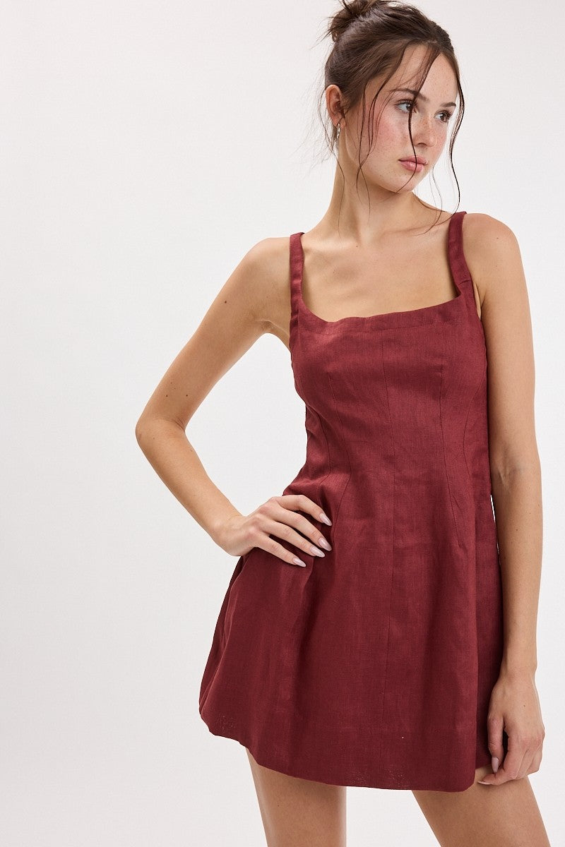 Louis Linen Square Neck Mini Dress- Brandy Brown