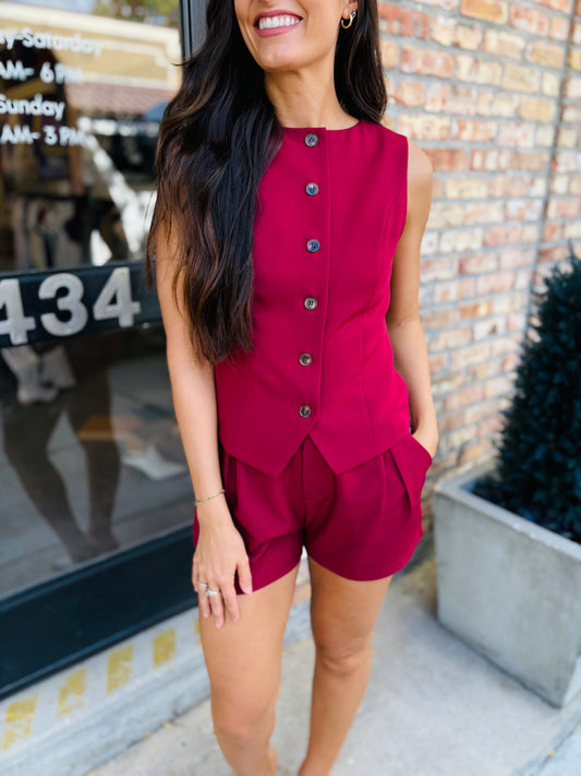 Berry Button Down Vest- Burgundy