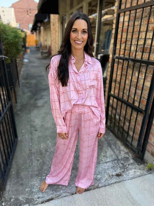 Christmas Bow Pajama SET- Pink/Red