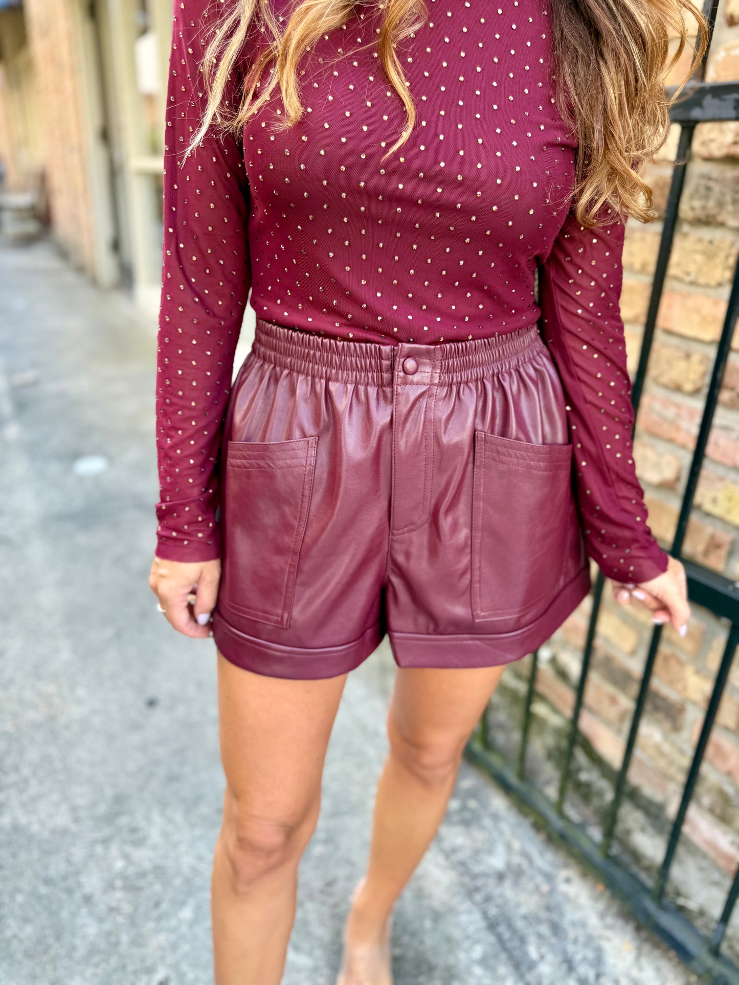 Embellished Mesh Mock Neck Top- Burgundy