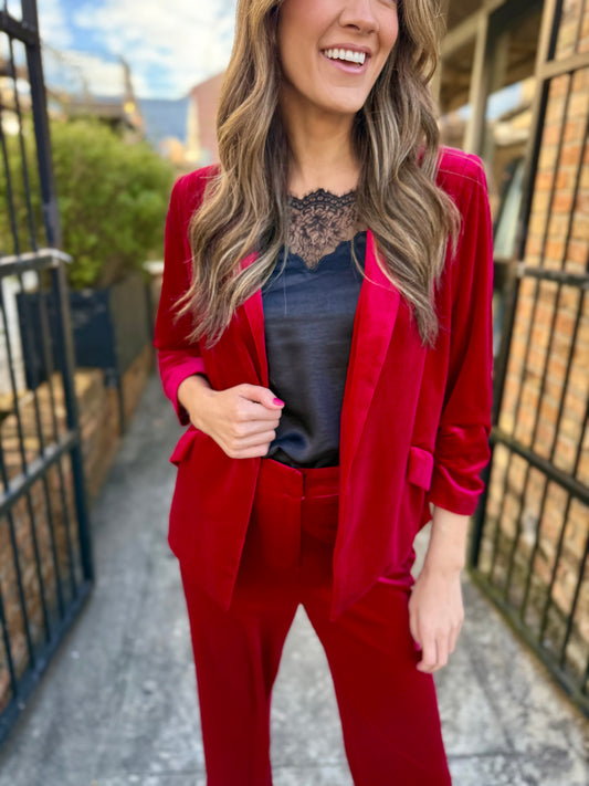Ashley Velvet Blazer-Red