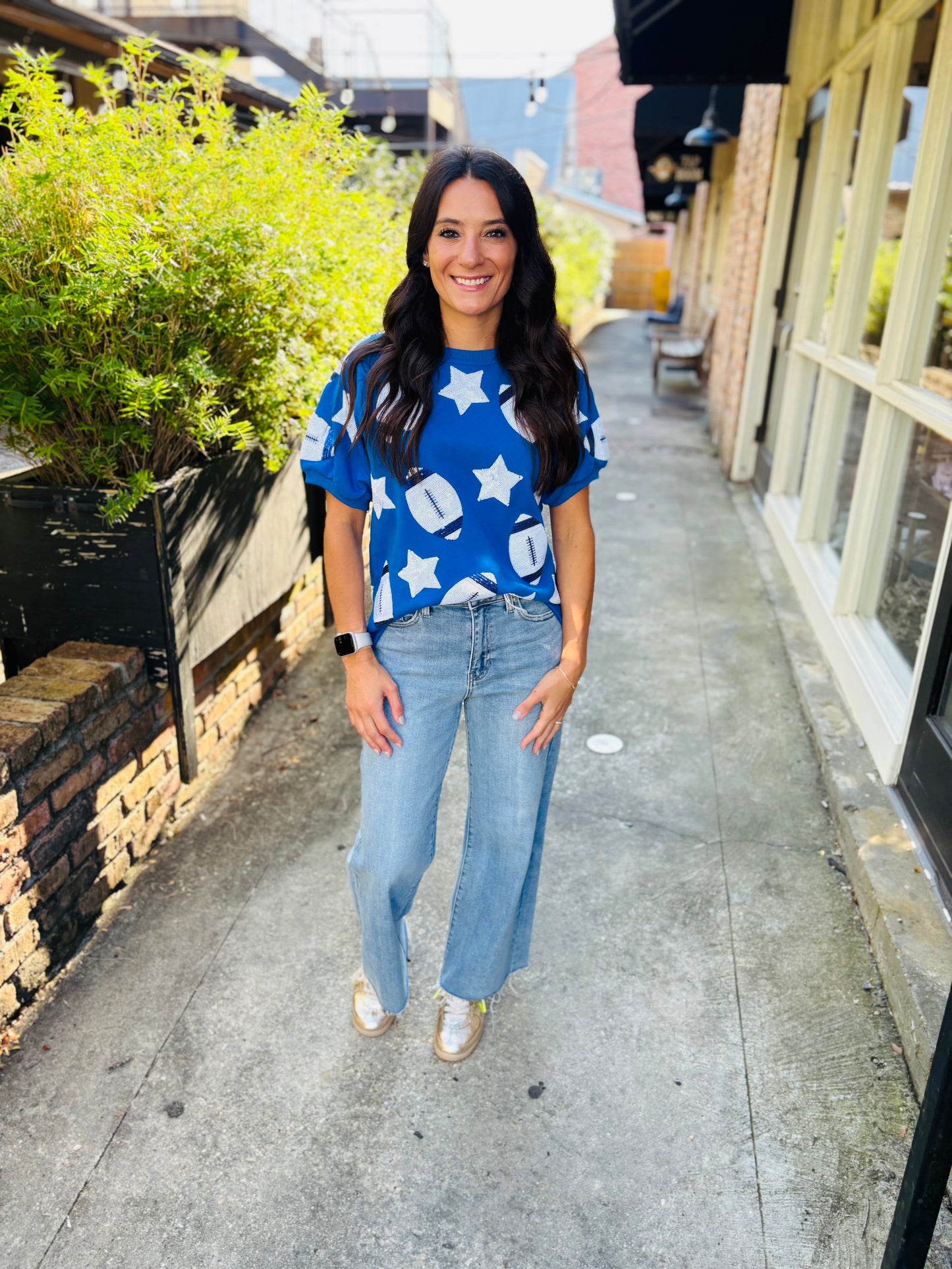 Scattered Football & Stars Top- Royal