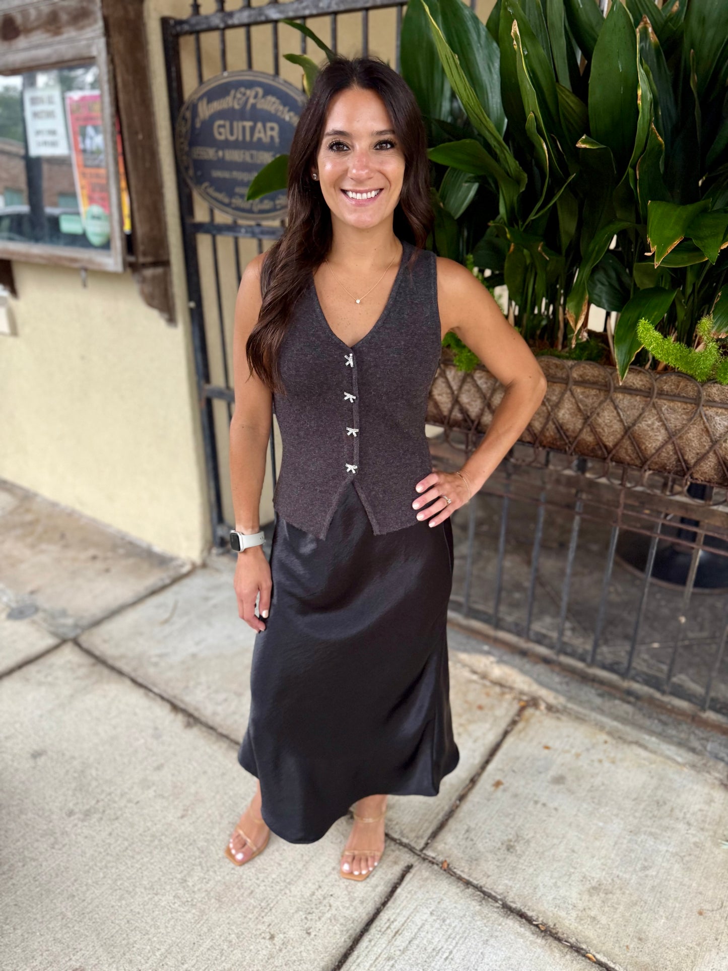 Rhinestone Bow Button Vest- Charcoal