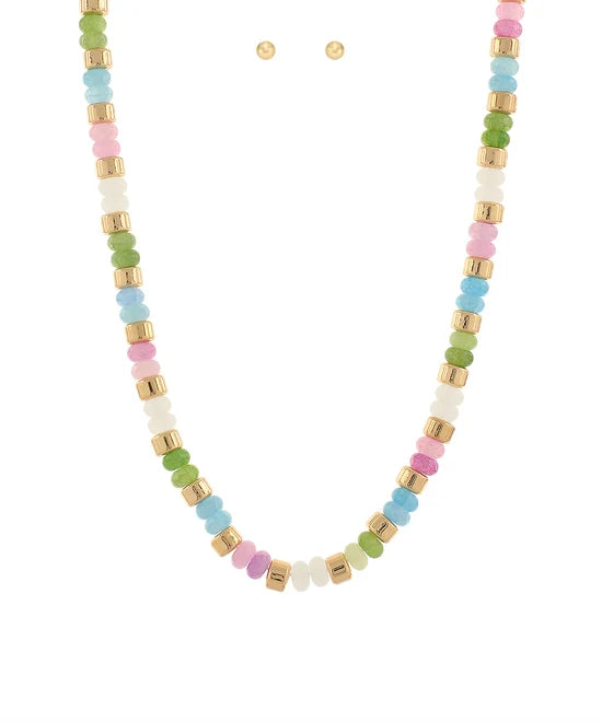 Disk & Metal Bead Necklace Set- Multi