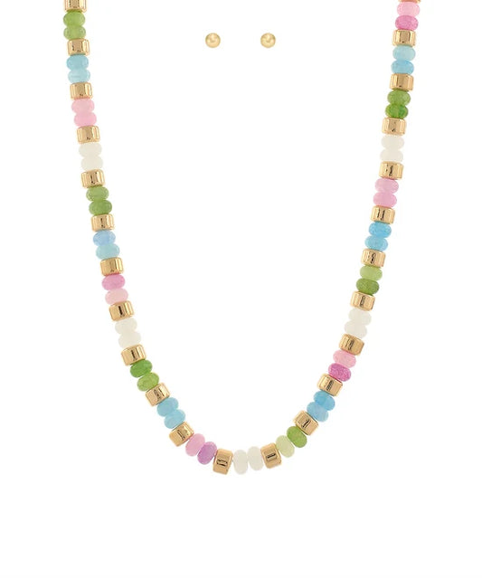 Disk & Metal Bead Necklace Set- Multi