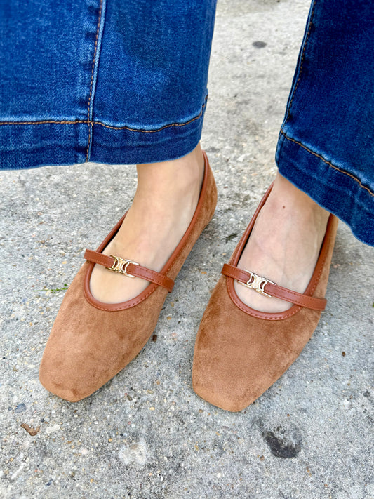 Jamie Suede Mary Jane Flats- Camel