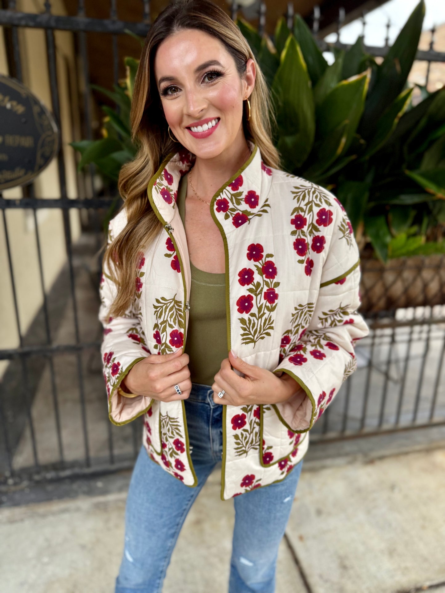 Botanical Quilted Jacket- Red Ecru