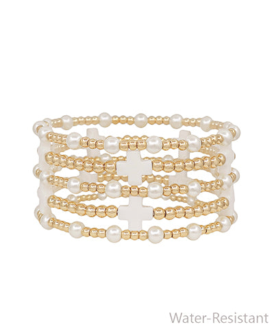 Greyson 5 Row Cross & Pearl Bracelets- White