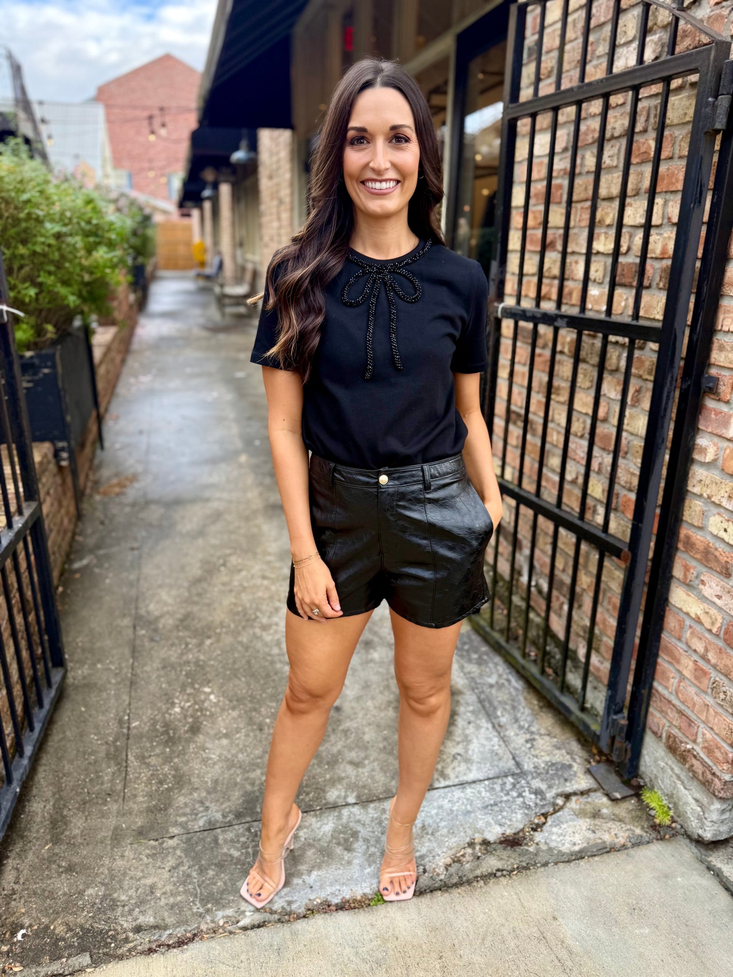 Rhinestone Bow Tee- Black