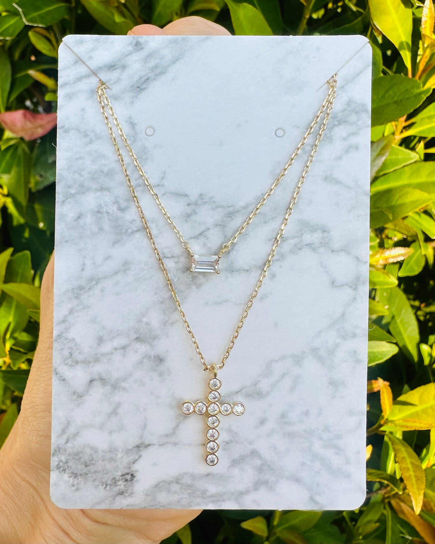 Double Baguette & Cross Necklace