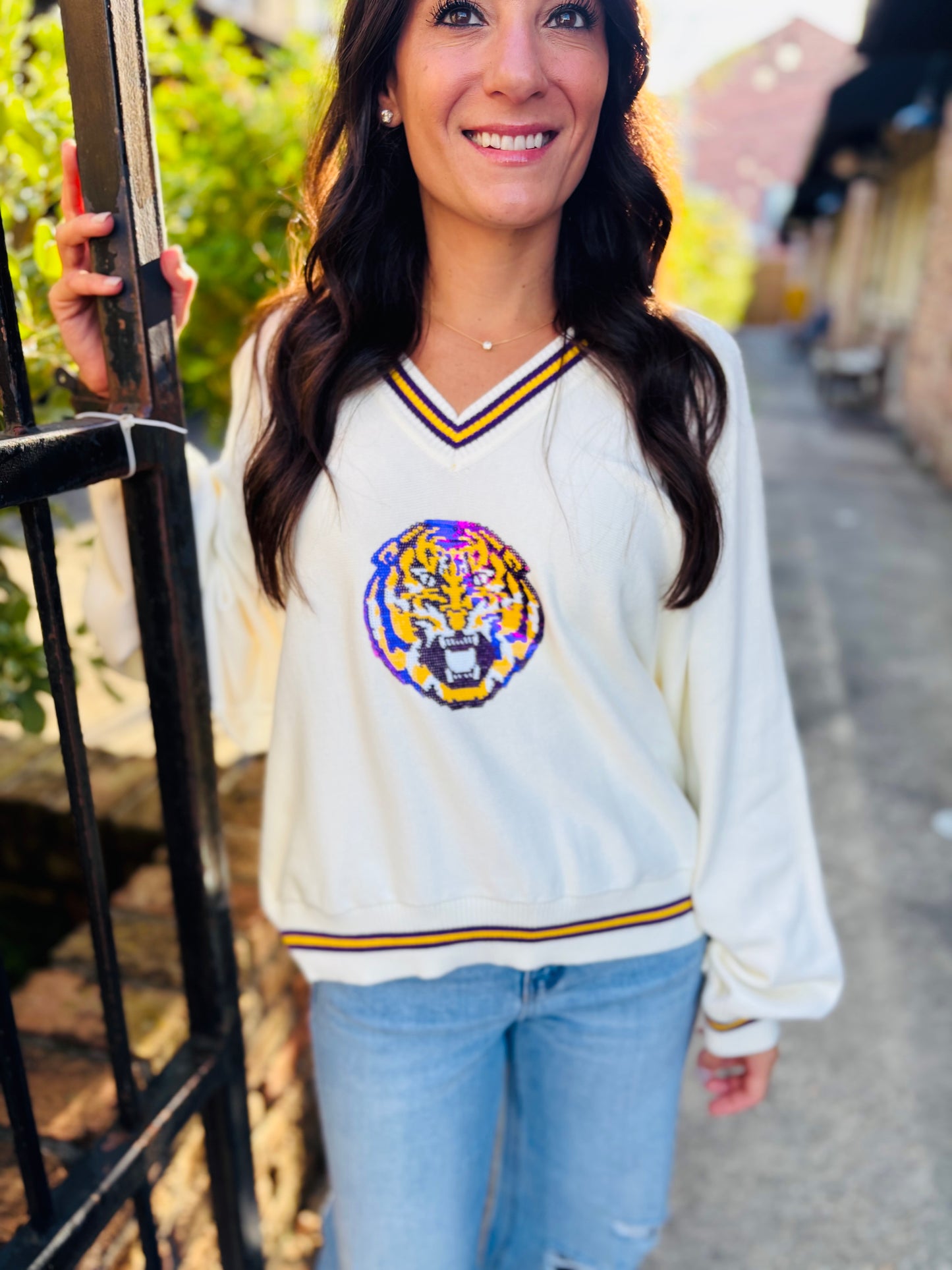 LSU V Neck Mascot Sweater- White