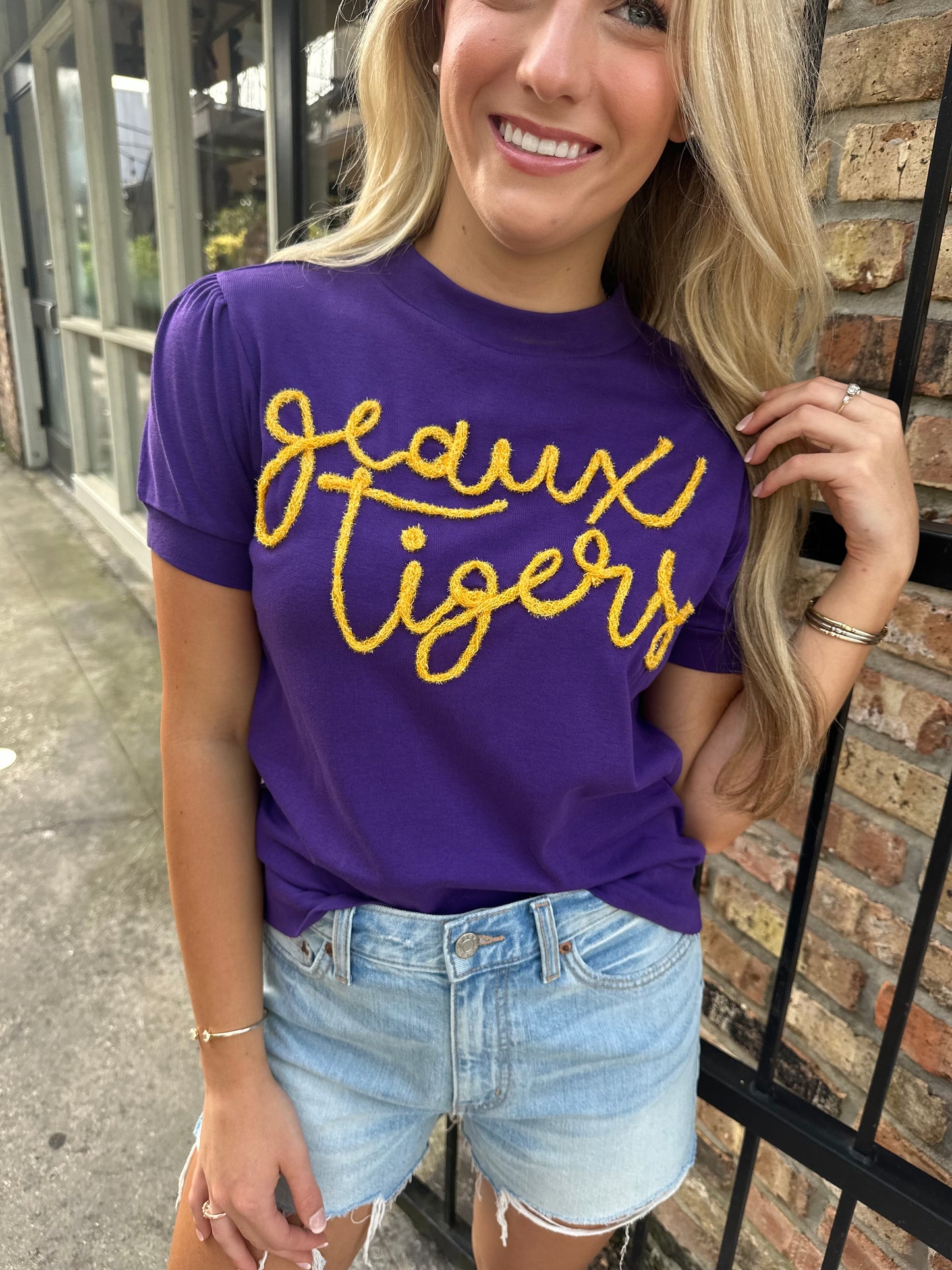 Geaux Tigers Glitter Script Top- Purple